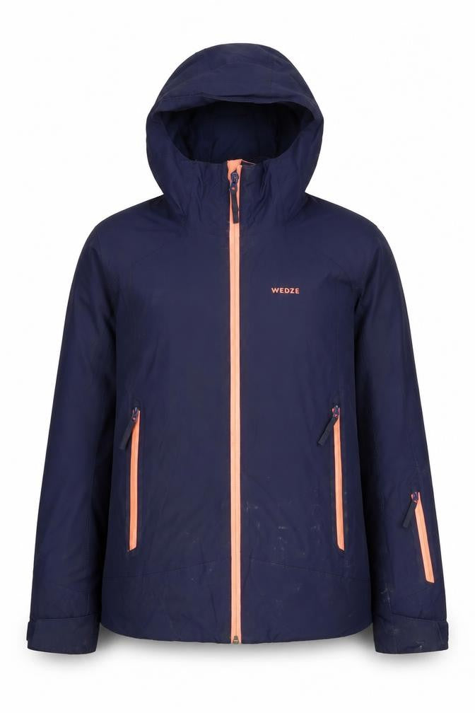 Front view of Wedze girls’ blue ski jacket 12 years hooded waterproof