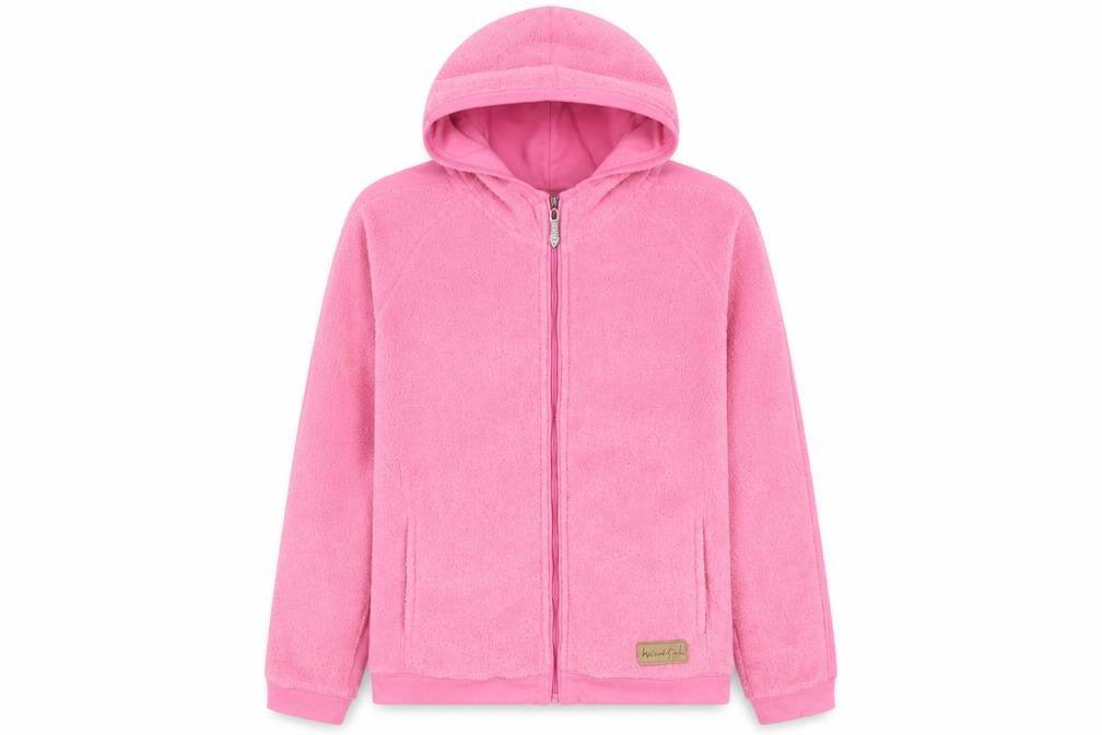 Front view of Weird Fish girls’ pink fleece jacket, size 7, casual