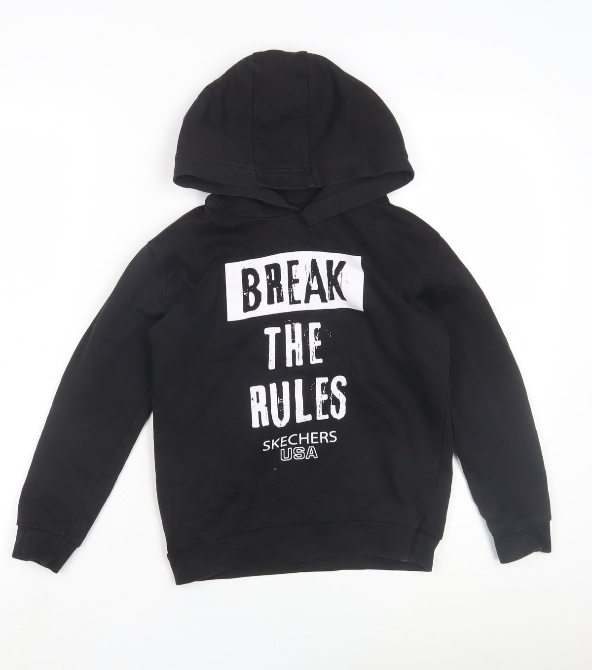 Close-up detail of Skechers boys’ black hoodie, 8-9 years, graphic print pullover