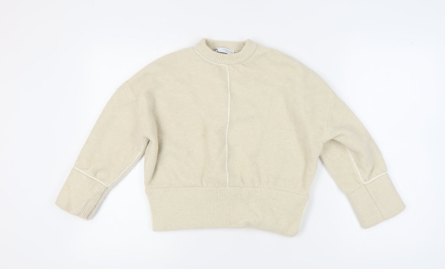 Zara Women's Beige Pullover Jumper, Size 8, Crew Neck