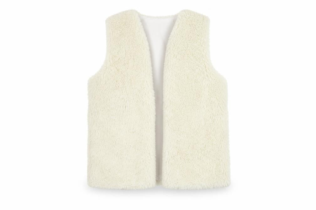 Front view of New Look girls’ ivory faux fur waistcoat, size 14-15