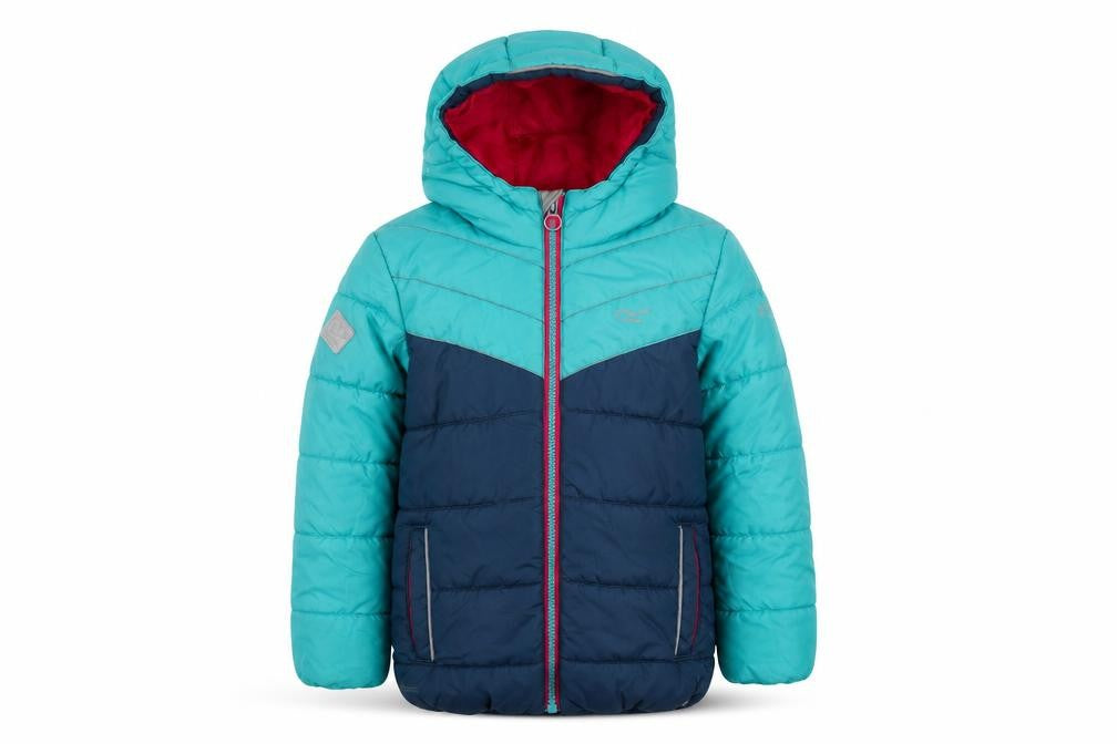 Front view of Regatta girls’ blue puffer jacket 7-8 years winter hooded