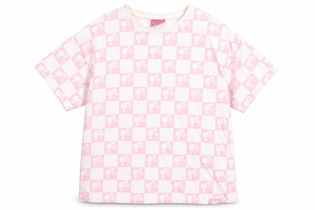 Front view of Barbie girls’ pink check short sleeve t-shirt 11-12 years