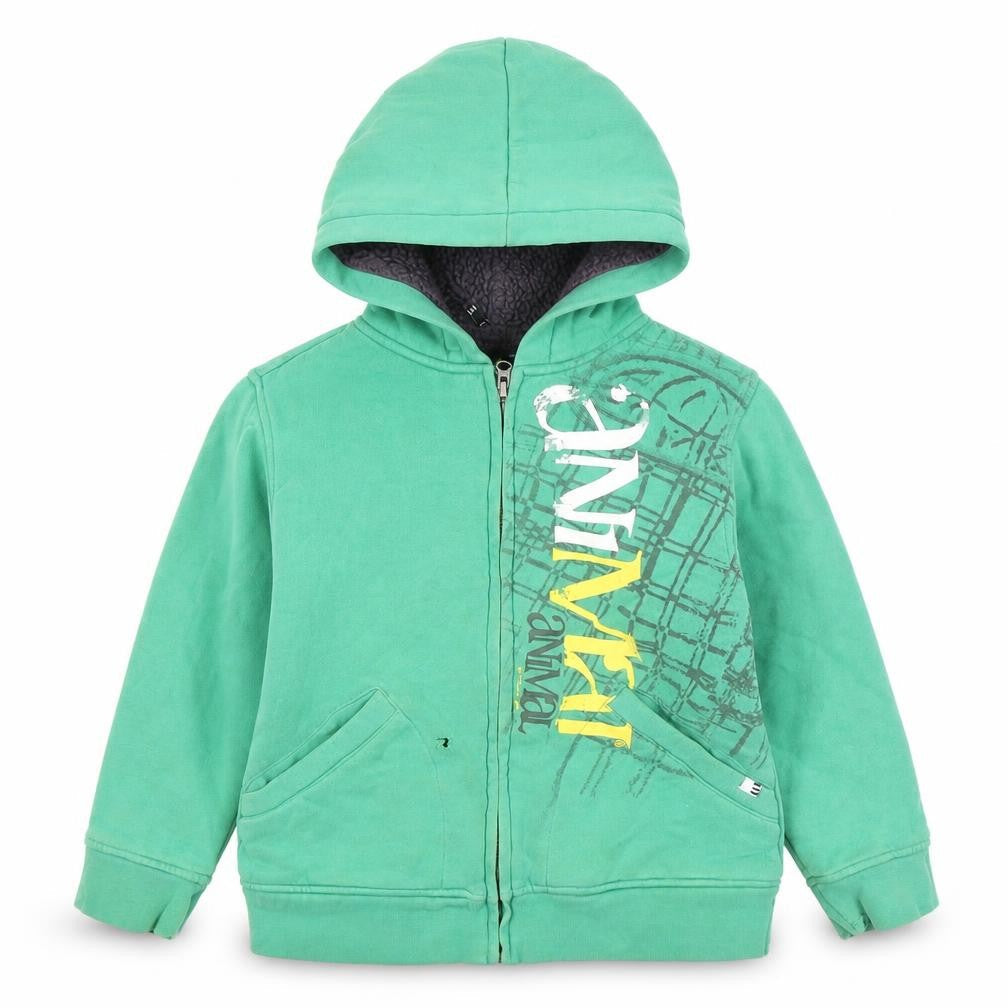 Front view of Animal boys’ green full zip hoodie 2xs graphic print casual