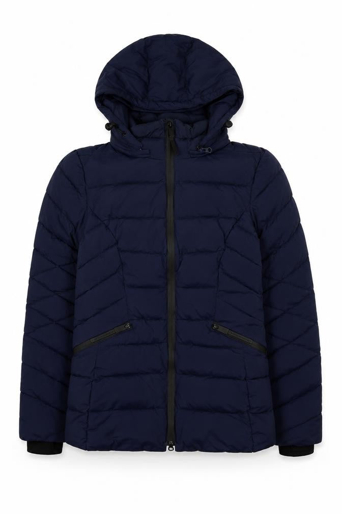 Front view of Marks & Spencer girls’ blue puffer jacket age 8 hooded lightweight