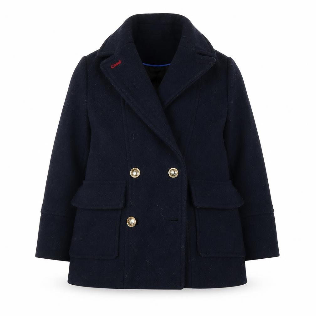 Front view of Zara girls’ navy blue wool blend pea coat, size 6
