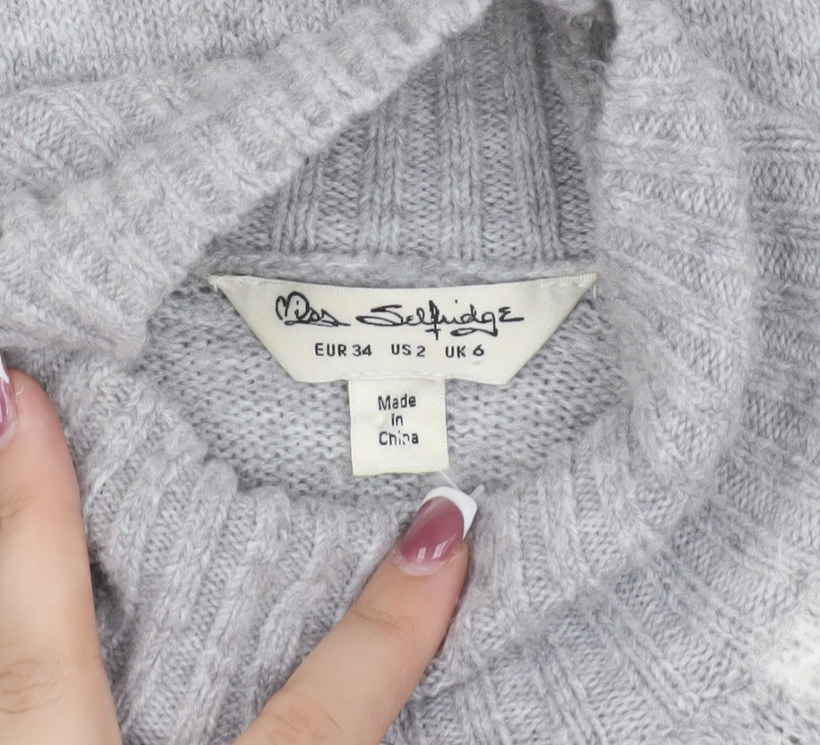 Miss Selfridge Women's Grey Cable-Knit Jumper Size 6