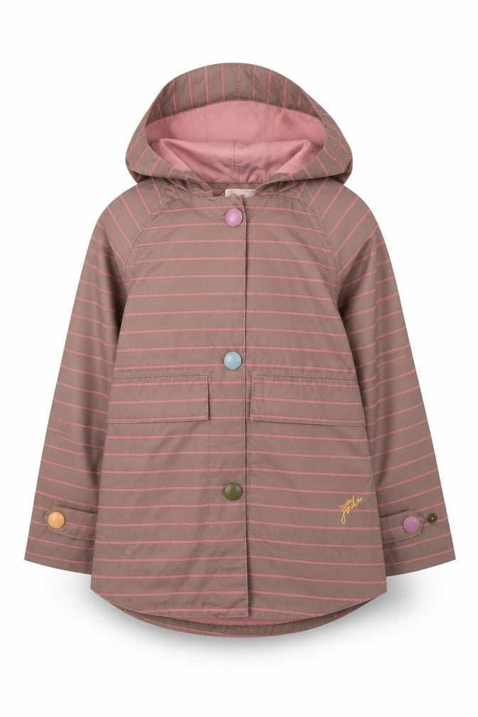 Front view of Joules girls’ striped rain coat, brown, 2 years, hooded