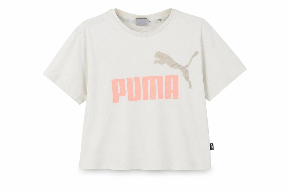 Front view of Puma girls’ beige t-shirt, 7-8 years, crew neck, logo accent