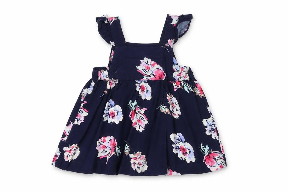Front view of Joules girls’ floral pinafore dress, multicoloured, 3-6 months
