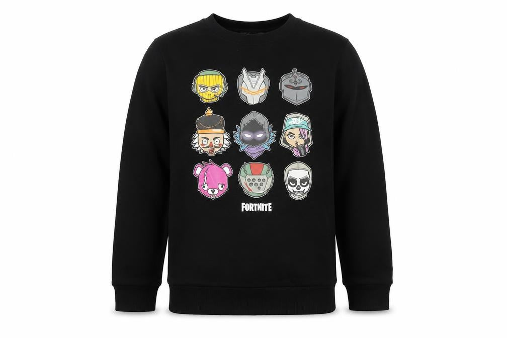 Front view of Fortnite boys’ black pullover sweatshirt 12y graphic print