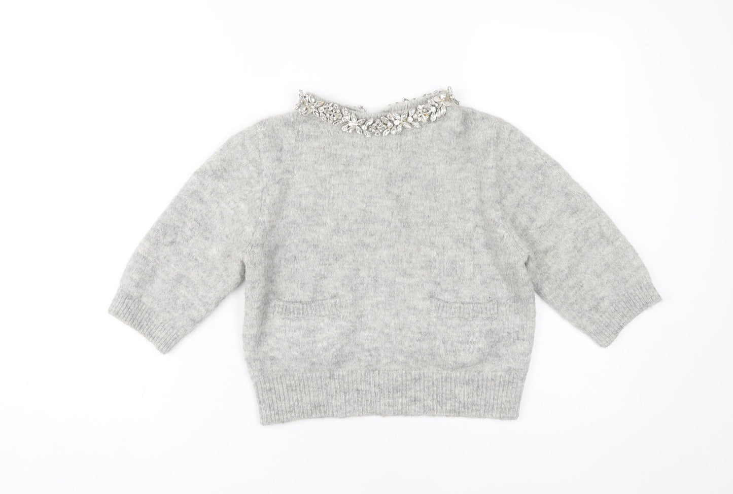 Zara Women Grey Jumper, Size S, Embroidered Accent