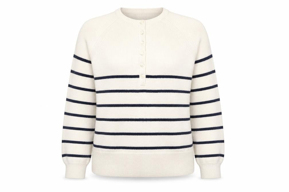 Marks and Spencer Women's Ivory Striped Henley Jumper M