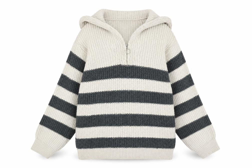 Pull&Bear Womens Grey Striped Chunky-Knit Jumper - L