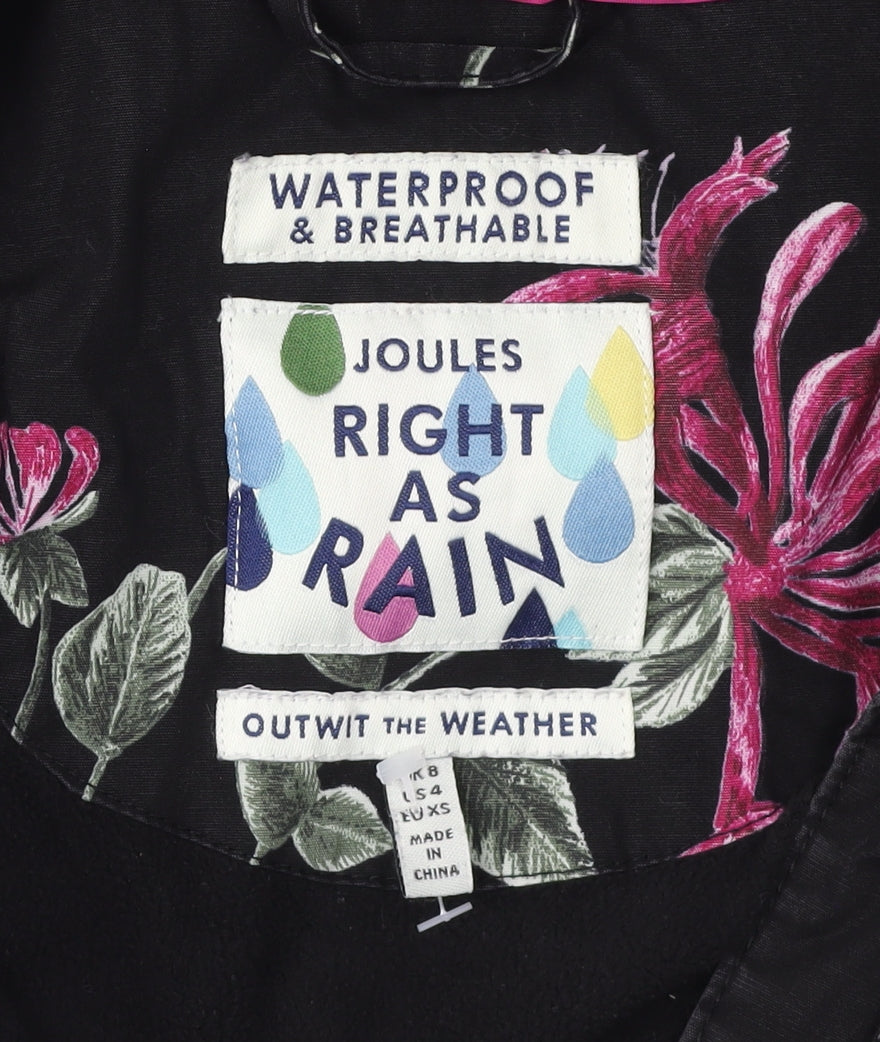 Joules Women's Black Floral Waterproof Jacket, Size 2XS