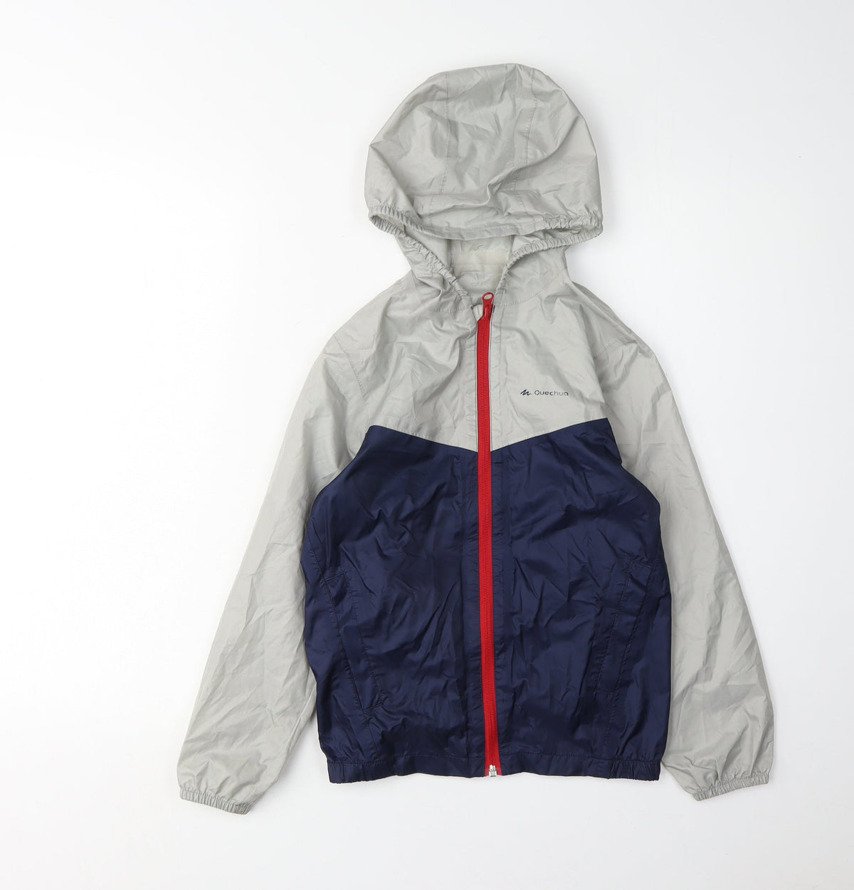 Additional front view of Decathlon boys’ blue grey windbreaker jacket 8 years hooded