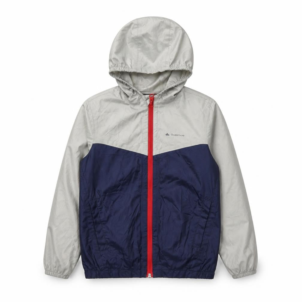 Front view of Decathlon boys’ blue grey windbreaker jacket 8 years hooded