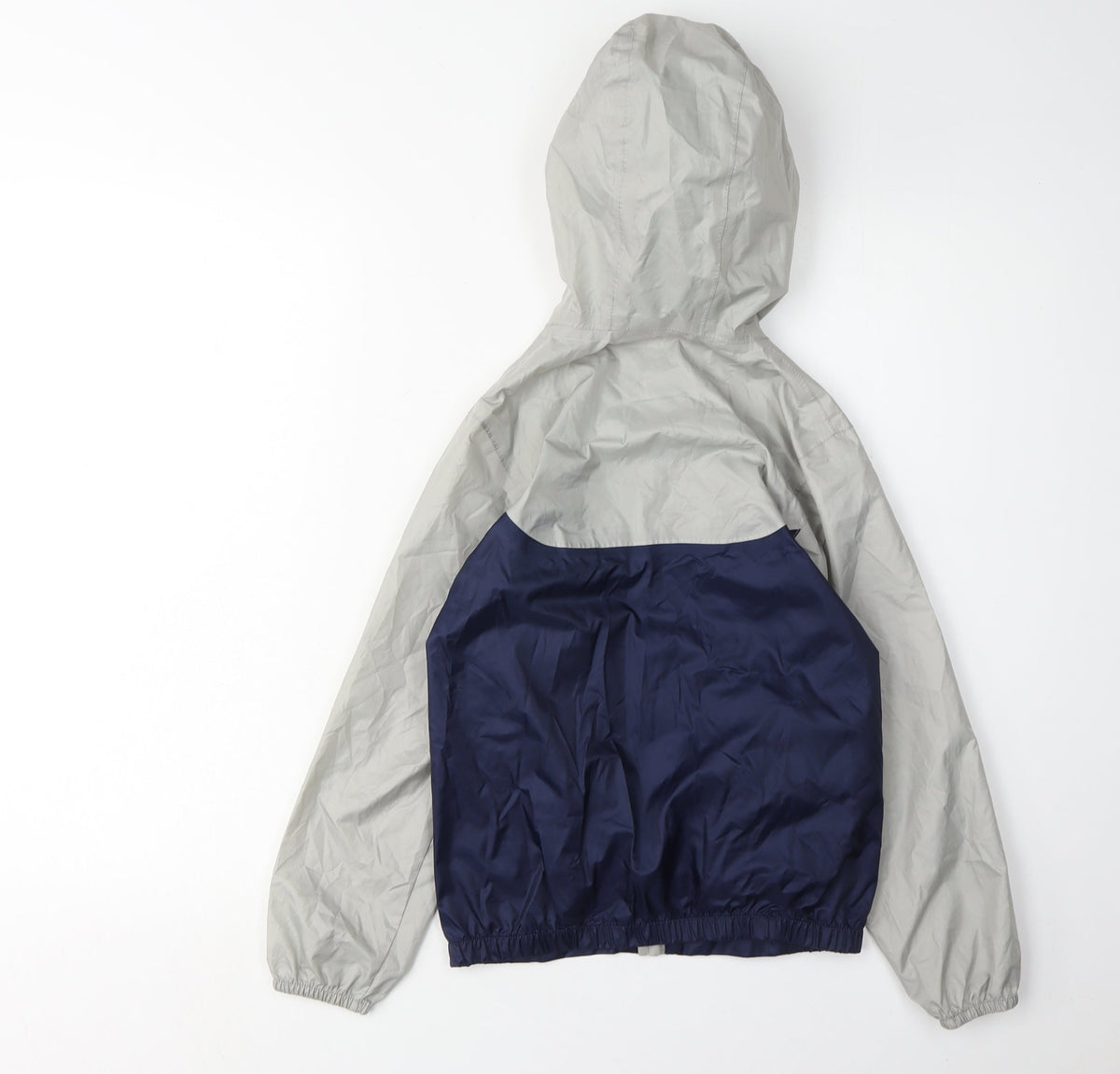 Back view of Decathlon boys’ blue grey windbreaker jacket 8 years hooded