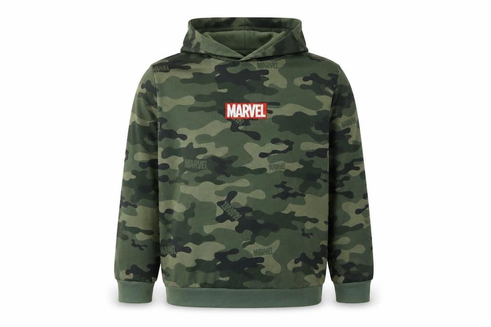 Front view of Marvel boys’ camouflage hoodie 12 years pullover green