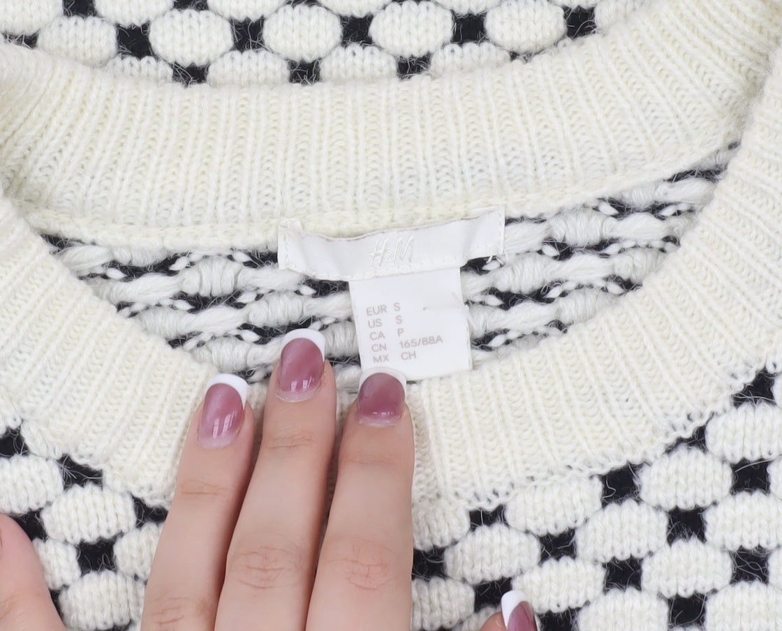 H&M Women's White Geometric Pullover Jumper Size S