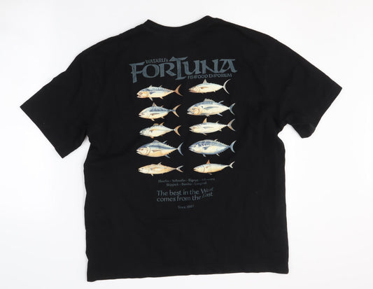 H&M Men's Black Fish Graphic T-Shirt, Size S, Cotton