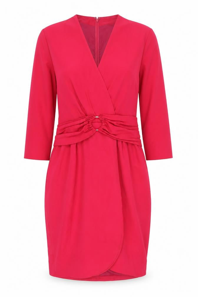 Front view of Reiss Red Wrap Dress, size 8, 3/4 Sleeve, Lined