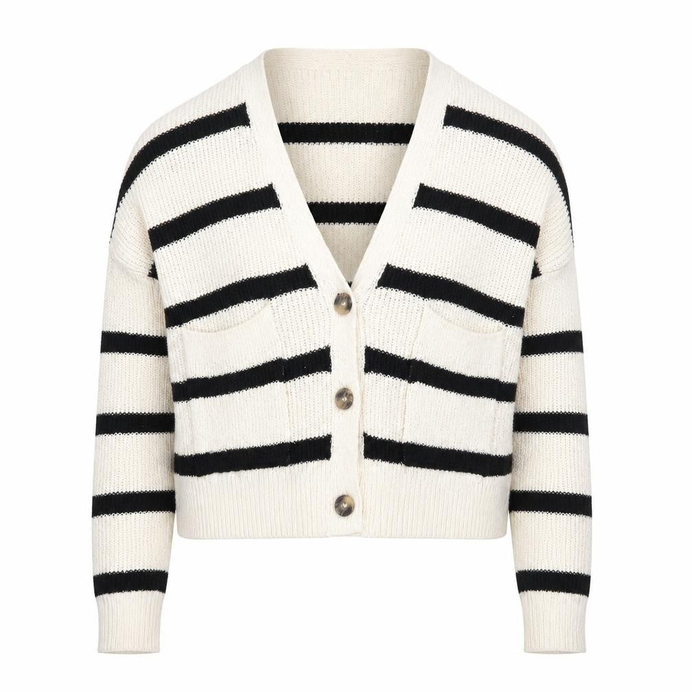 Pull&Bear Women's Ivory S V-Neck Striped Cardigan
