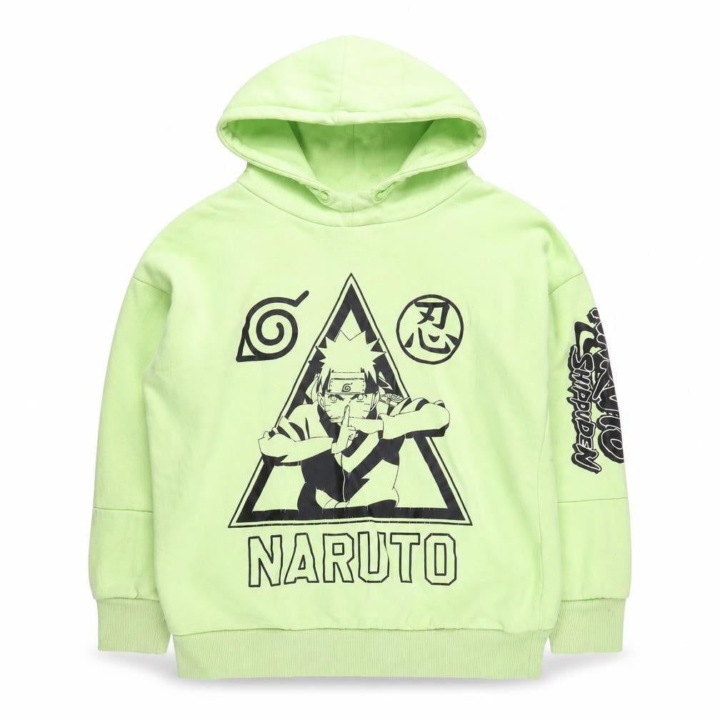 Front view of Naruto boys’ green anime hoodie, 9-10 years, graphic print