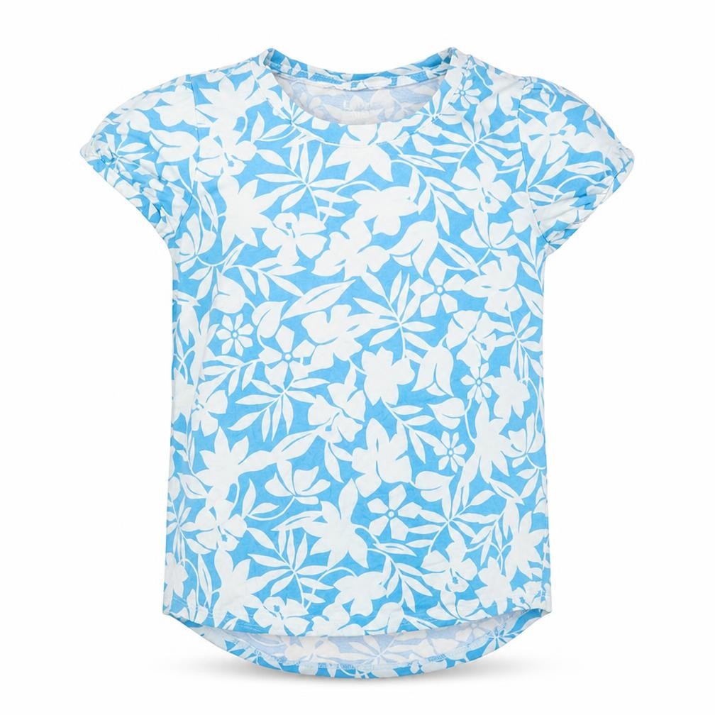 Front view of Lands' End girls’' blue floral t-shirt, 8 years