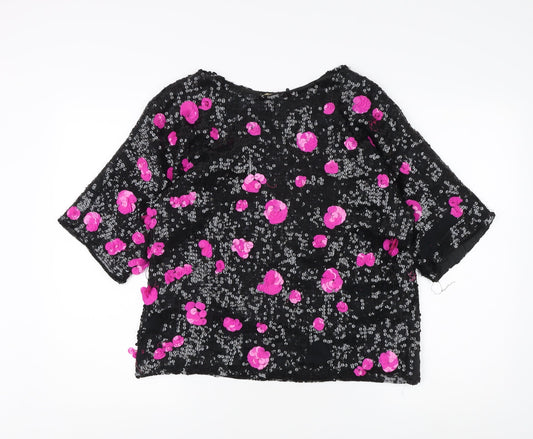 Frank Usher Women's Black Floral Sequin Blouse, Small
