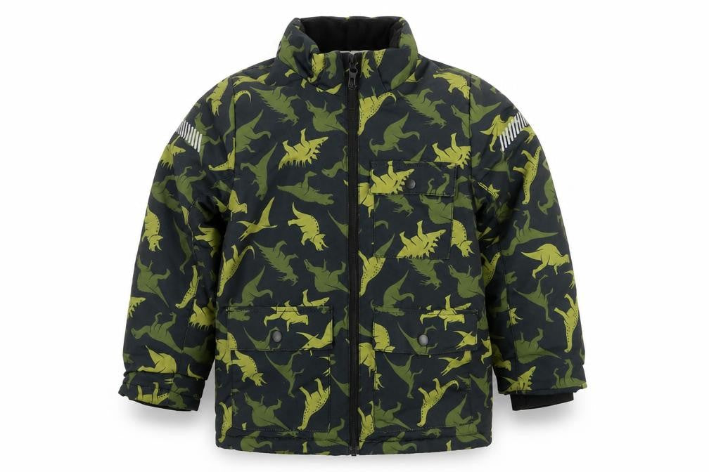 H&M Boys Green Dinosaur Parka, Winter Jacket, 7-8 Years