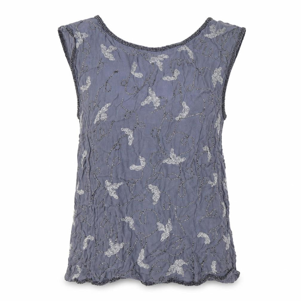Front view of KALIKO Women's Blue Beaded Sleeveless Blouse, size 14