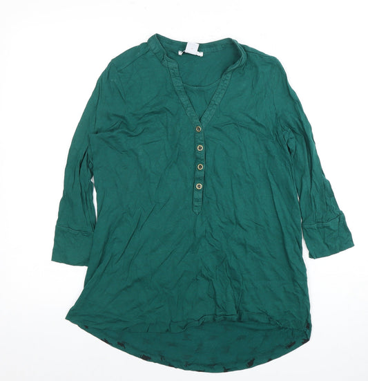 Mamas & Papas Women's Green Animal/Cats Print Button-Up 3/4 Sleeve Top