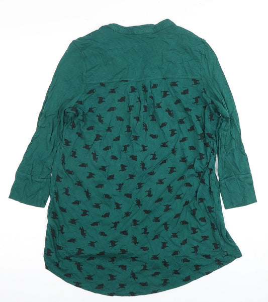 Mamas & Papas Women's Green Animal/Cats Print Button-Up 3/4 Sleeve Top