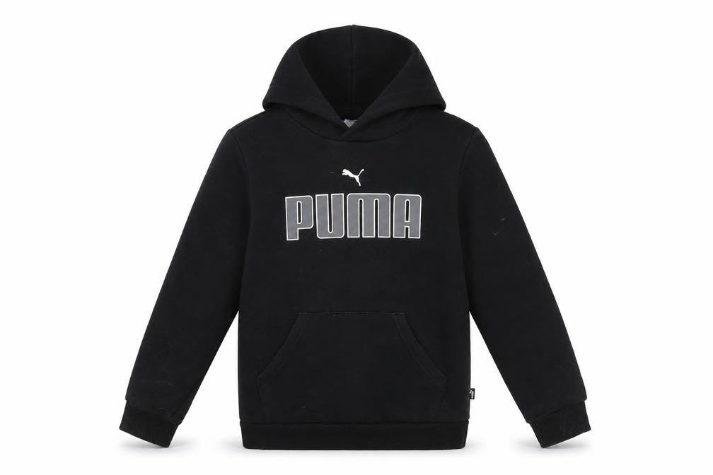Front view of Puma boys’ black pullover hoodie 9-10 years with logo print