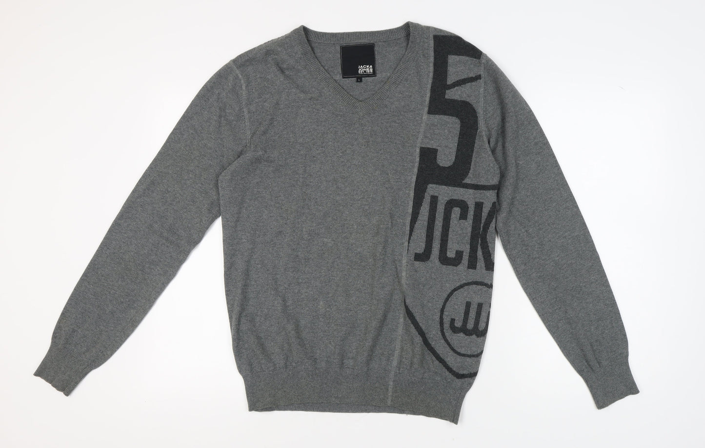 Jack & Jones Men's Grey Graphic V-Neck Pullover Jumper - L