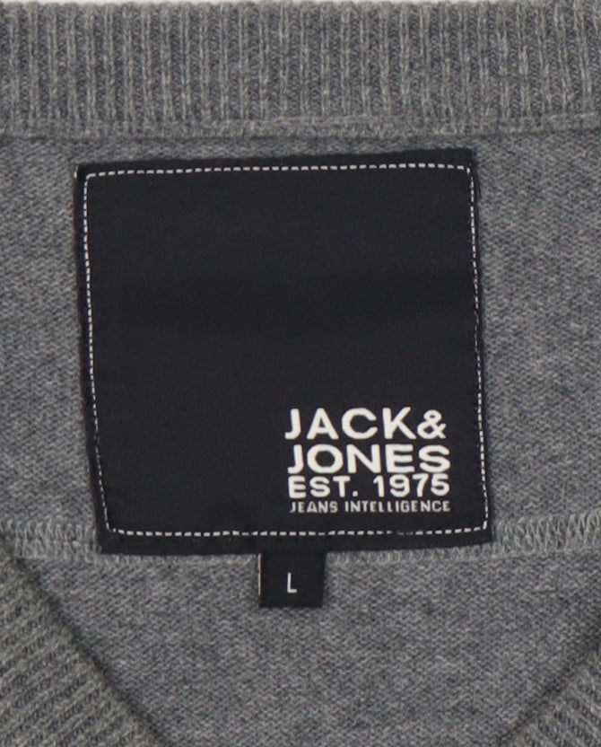 Jack & Jones Men's Grey Graphic V-Neck Pullover Jumper - L