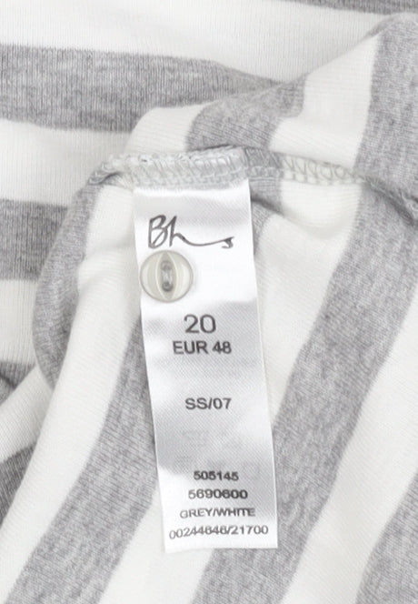 Bhs Women's Grey & White Striped V-Neck Top - Size 20
