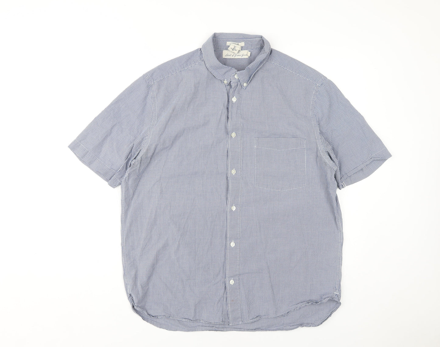 H&M Men's Blue Check Regular Fit Short Sleeve Shirt L