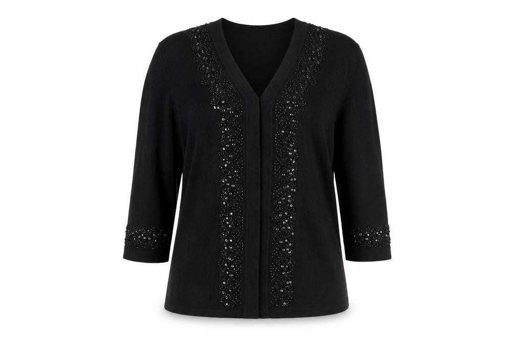 Emreco Women's Black Open Front Cardigan Size 14 Beaded