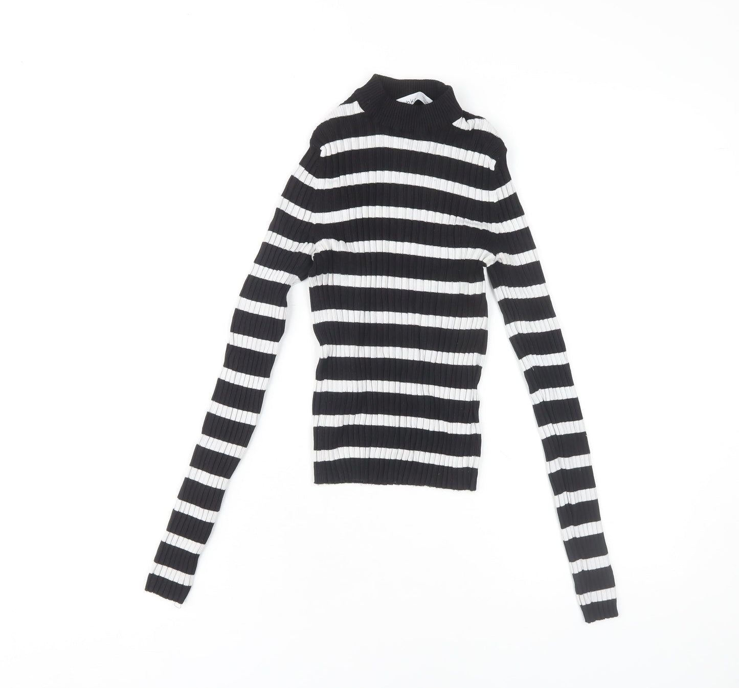 Bershka Women's Black Striped Jersey Mock Neck Top M