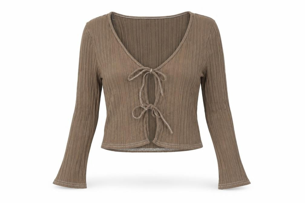 Front view of ASOS Women's Brown Cropped V-Neck Blouse, size 12