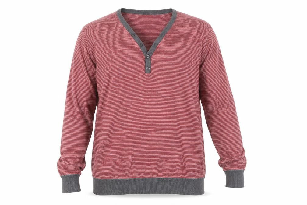Front view of ASOS Men's Red L Henley Jumper, Striped Cotton