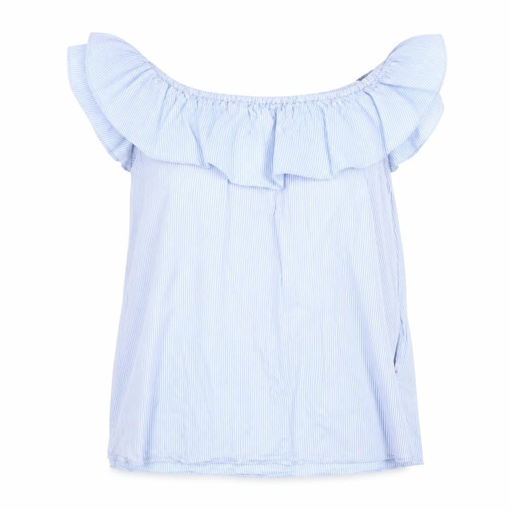 Front view of Zara Blue Striped Off-Shoulder Ruffle Blouse