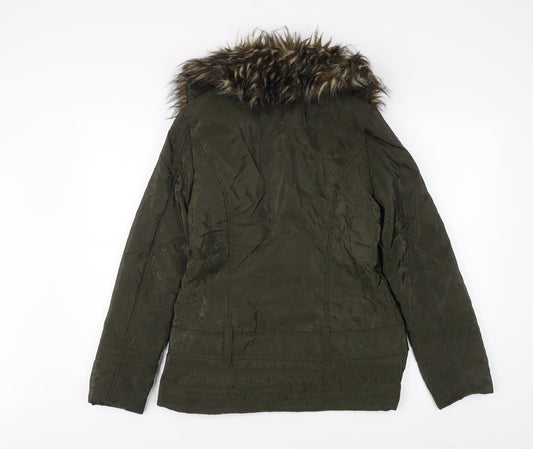 M&Co Women's Green Parka Jacket Size 10 Fur Trim Casual