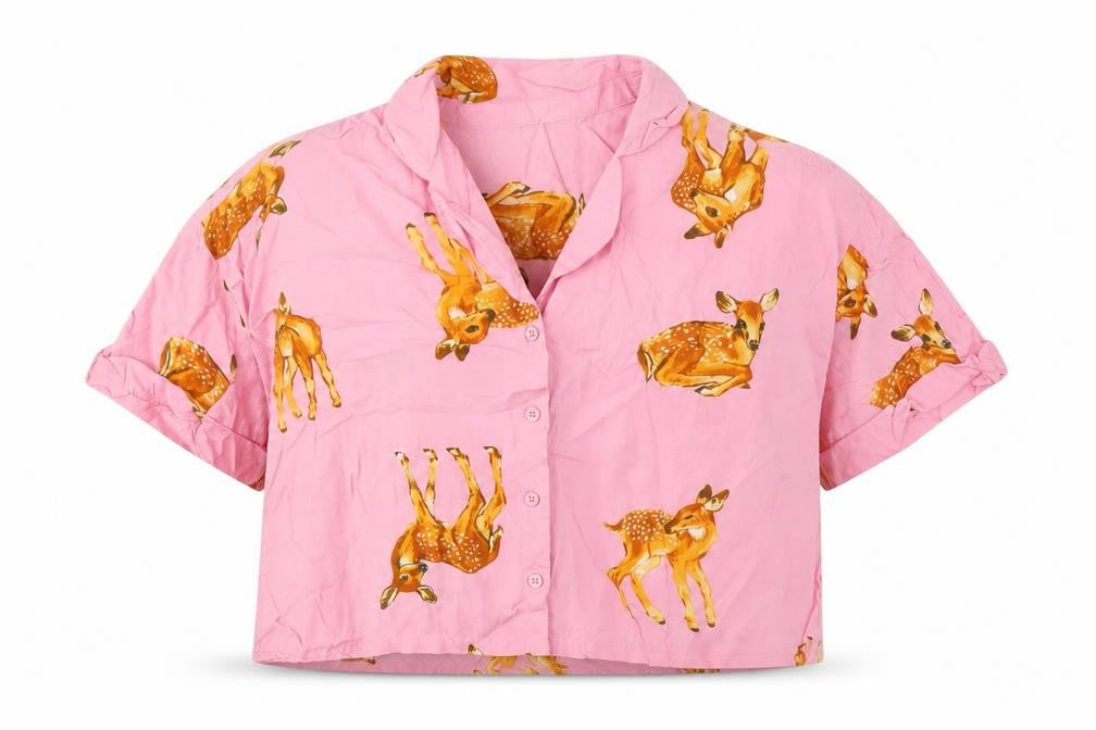 Front view of ASOS DESIGN Women's Pink Animal Print Button-Up Shirt
