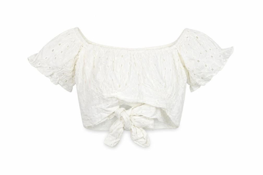 Front view of ASOS Women's White Off Shoulder Cropped Top, size 12