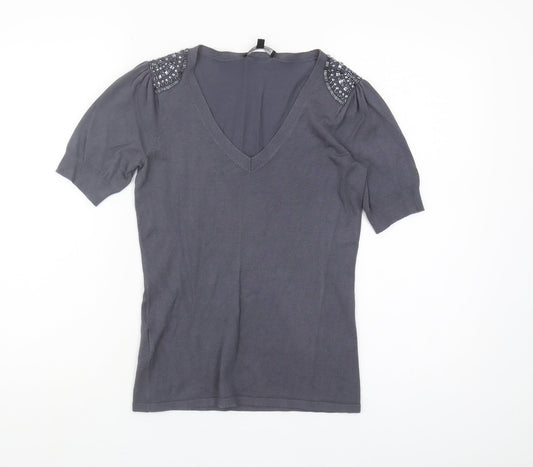 Laura Ashley Womens Grey Beaded V-Neck Knit Top UK 8