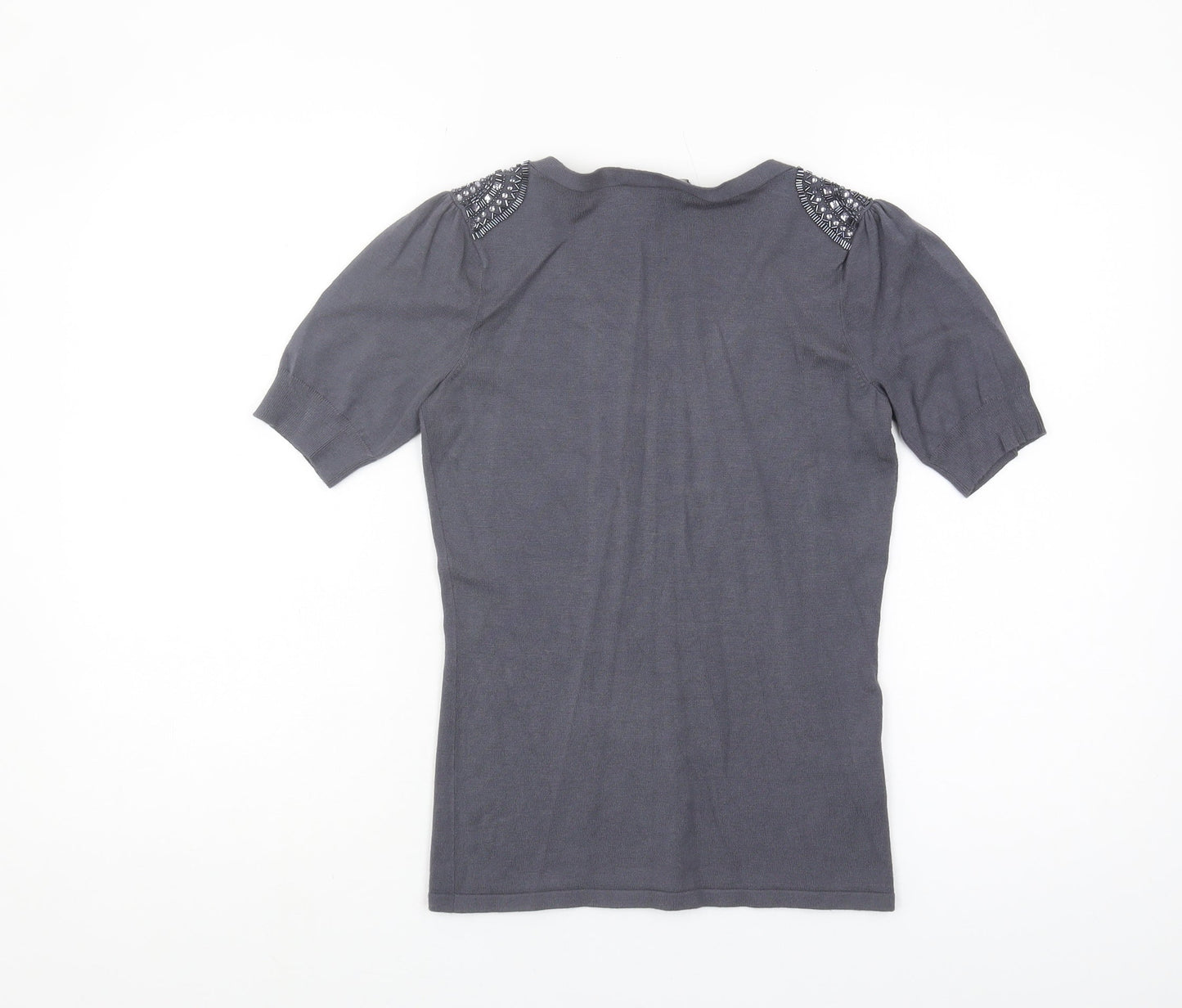 Laura Ashley Womens Grey Beaded V-Neck Knit Top UK 8