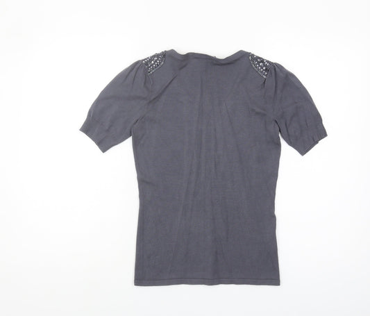Laura Ashley Womens Grey Beaded V-Neck Knit Top UK 8
